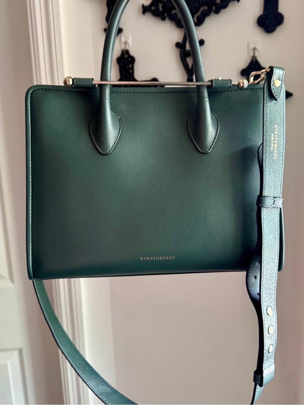 Strathberry Midi medium Tote 👜 Bottle Green Leather Top Handle Shoulder Bag $875 - Picture 8 of 16